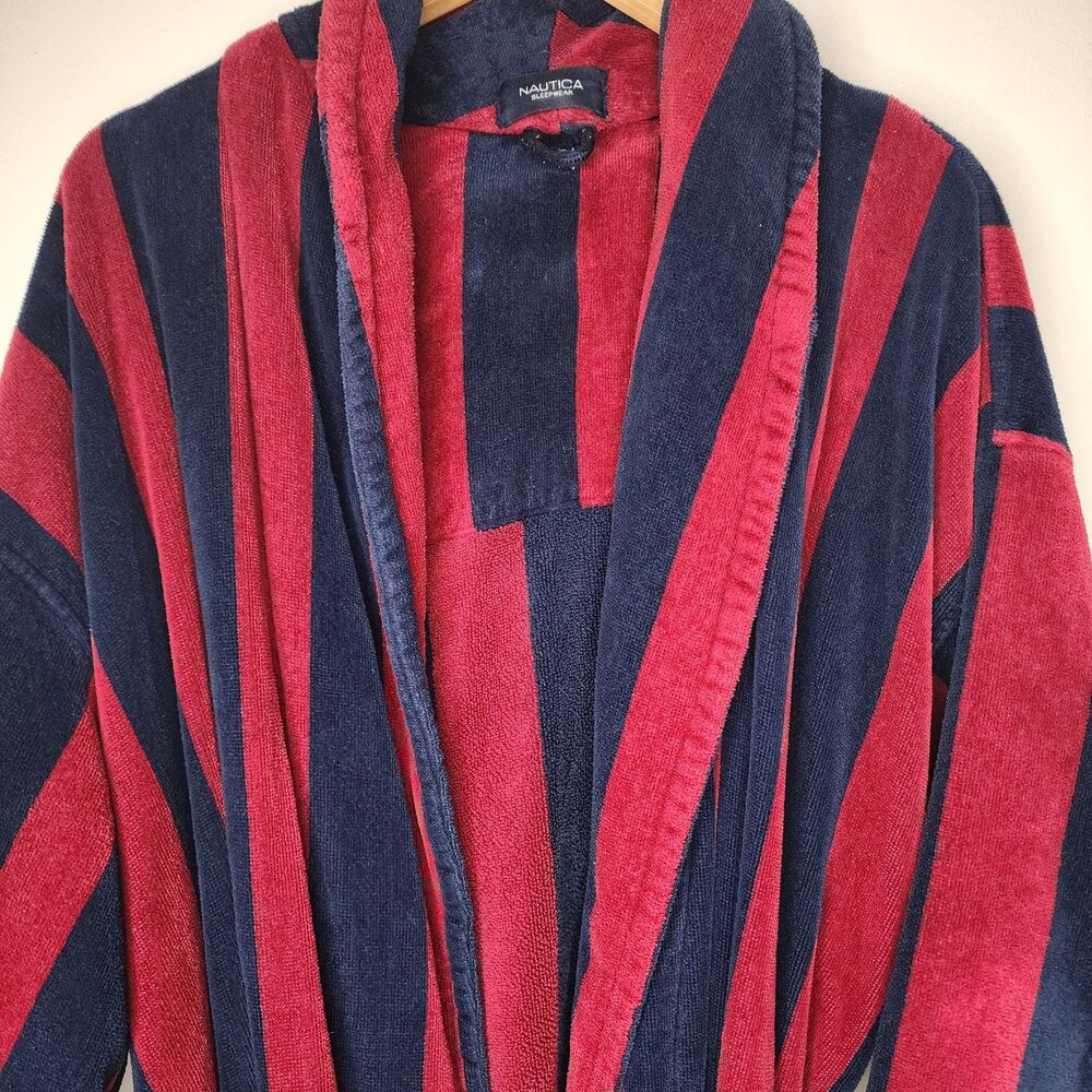 Vintage Nautica Long Robe Mens Heavyweight Terry Cloth Striped Red Navy Blue - Picture 4 of 8